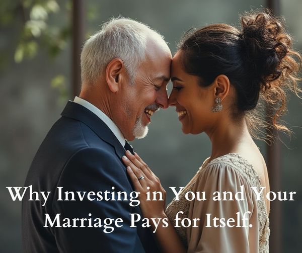 Happy Christian couple celebrating their marriage investment. Mature man in suit and woman in dress embrace, showcasing the rewards of investing in a Christ-centered marriage.